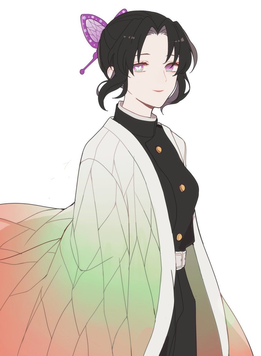1girl, 5ya_ngi, bangs, belt, black_hair, butterfly-shaped_pupils, butterfly_hair_ornament, closed_mouth, cowboy_shot, floating_hair, from_side, gradient, hair_ornament, haori, highres, japanese_clothes, kimetsu_no_yaiba, kochou_shinobu, long_sleeves, looking_at_viewer, pants, parted_bangs, sidelocks, simple_background, smile, solo, symbol-shaped_pupils, tied_hair, uniform, violet_eyes, white_background