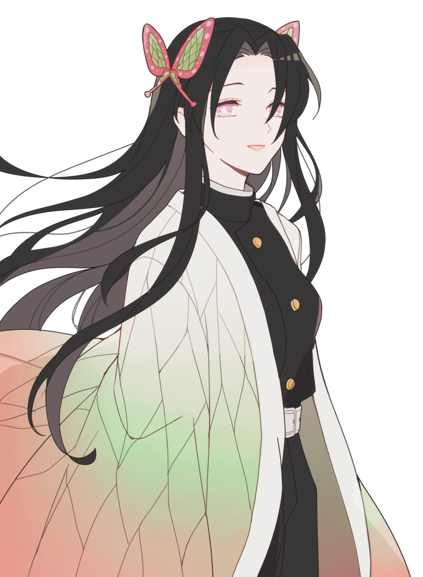 1girl, 5ya_ngi, :d, bangs, belt, black_hair, butterfly_hair_ornament, cowboy_shot, floating_hair, flower-shaped_pupils, from_side, gradient, hair_ornament, hair_over_one_eye, haori, highres, japanese_clothes, kimetsu_no_yaiba, kochou_kanae, long_hair, long_sleeves, looking_at_viewer, pants, parted_bangs, pink_eyes, simple_background, smile, solo, symbol-shaped_pupils, uniform, very_long_hair, white_background