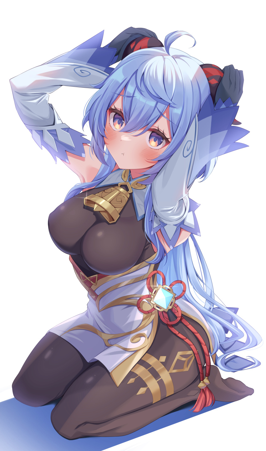 1girl, absurdres, ahoge, arms_up, bell, black_gloves, blue_hair, blush