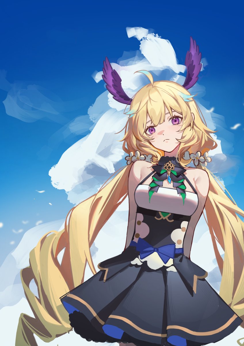 1girl, bangs, black_bow, black_skirt, blonde_hair, blue_bow, blue_hair, bow