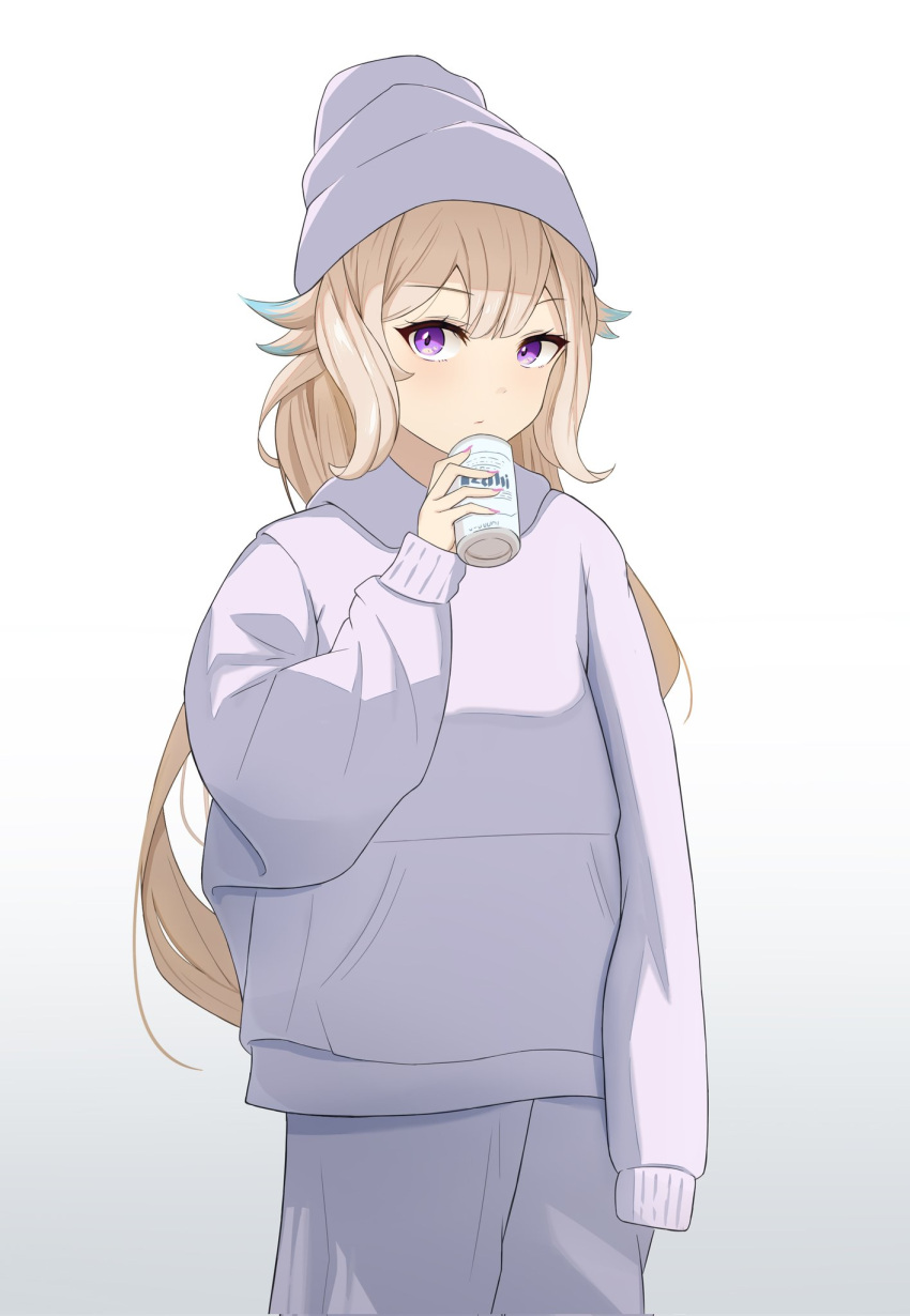 1girl, alternate_costume, asahi_breweries, beanie, blonde_hair, blue_hair, can, colored_tips