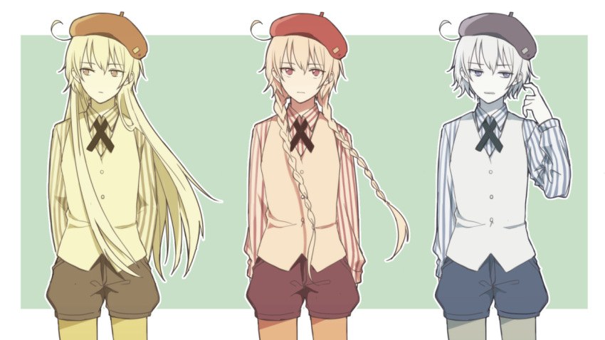 5ya_ngi, adjusting_hair, ahoge, arms_at_sides, axis_powers_hetalia, beret, black_ribbon, blonde_hair