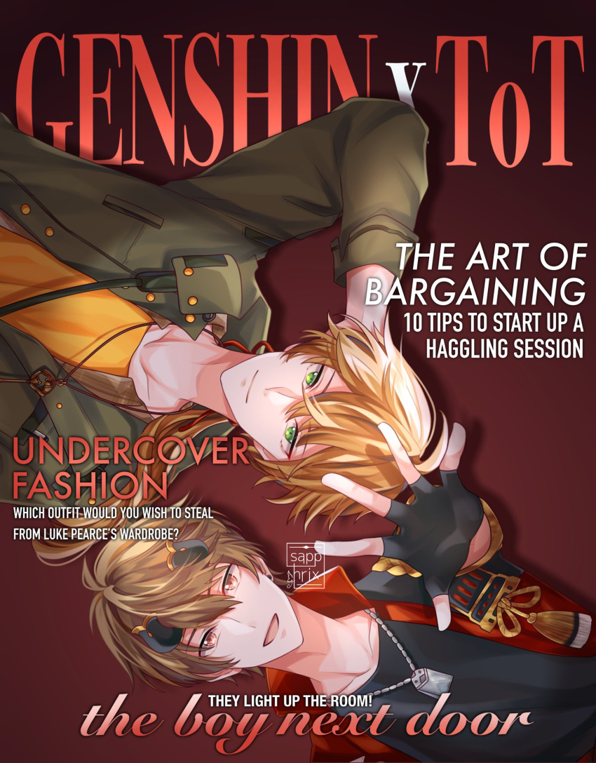 2boys, :d, arm_behind_head, bangs, black_gloves, black_shirt, brown_eyes, brown_hair