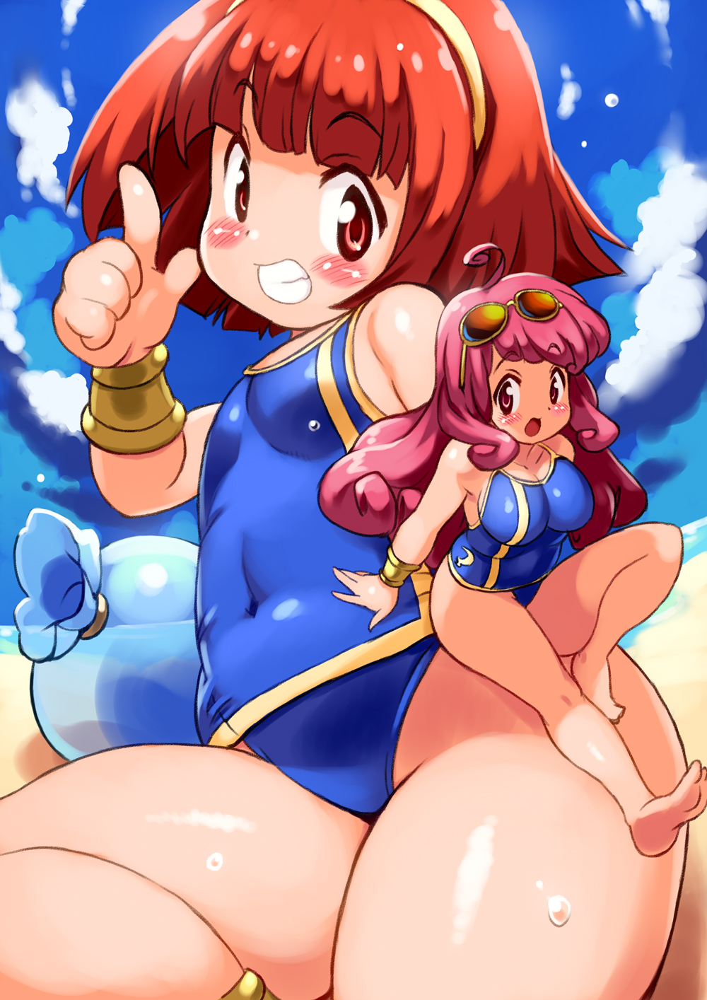 2girls, :d, bangs, barefoot, beach, blue_sky, blunt_bangs, blush_stickers