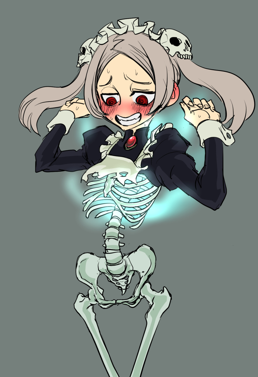 1girl, apron, black_dress, bloody_marie_(skullgirls), blush, dress, embarrassed, glowing