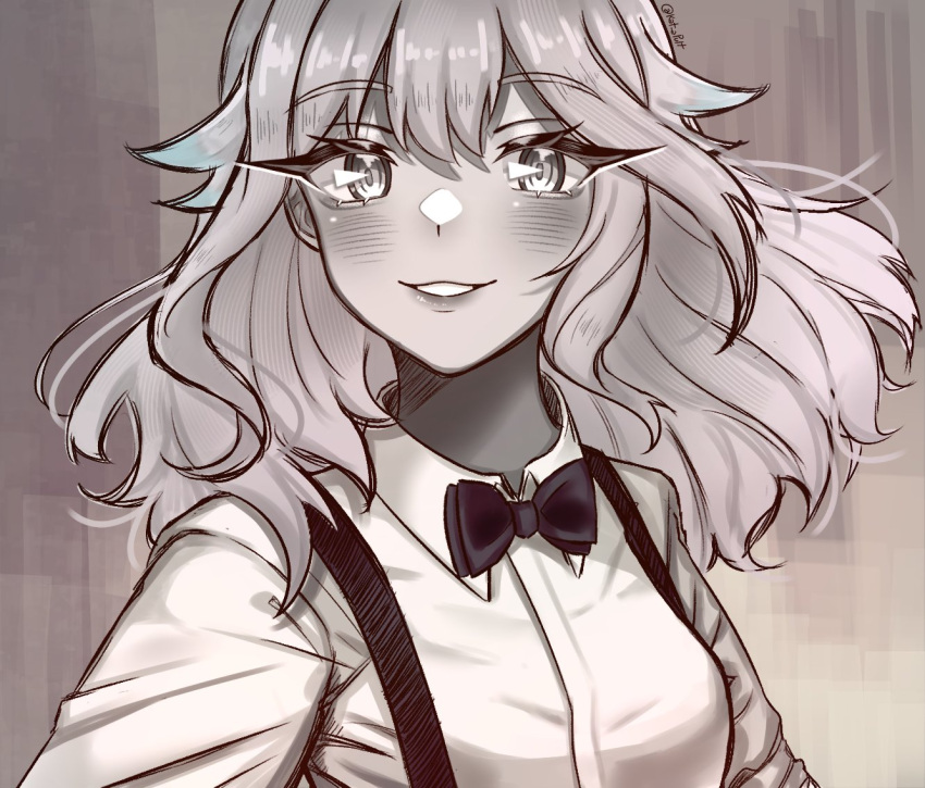 1girl, album_cover, album_cover_redraw, black_bow, blush, bow, breasts, collared_shirt