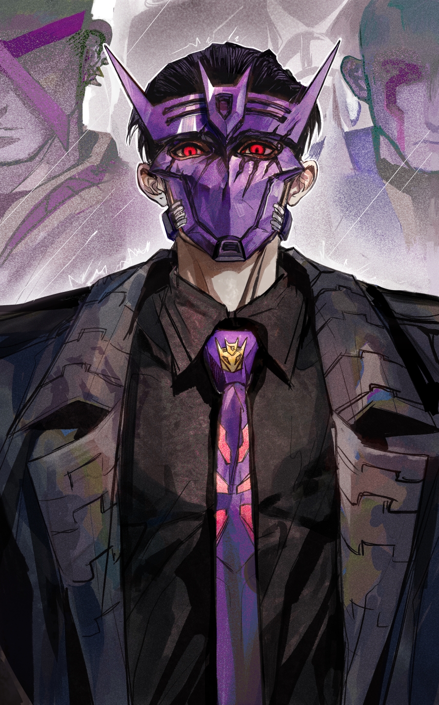 3boys, 5+0, bald, black_hair, black_jacket, black_shirt, collared_shirt, decepticon, ear_piercing, hair_slicked_back, helex, highres, jacket, male_focus, mask, multiple_boys, necktie, personification, piercing, purple_jacket, purple_necktie, red_eyes, shirt, tarn, tesarus, the_transformers_(idw), transformers