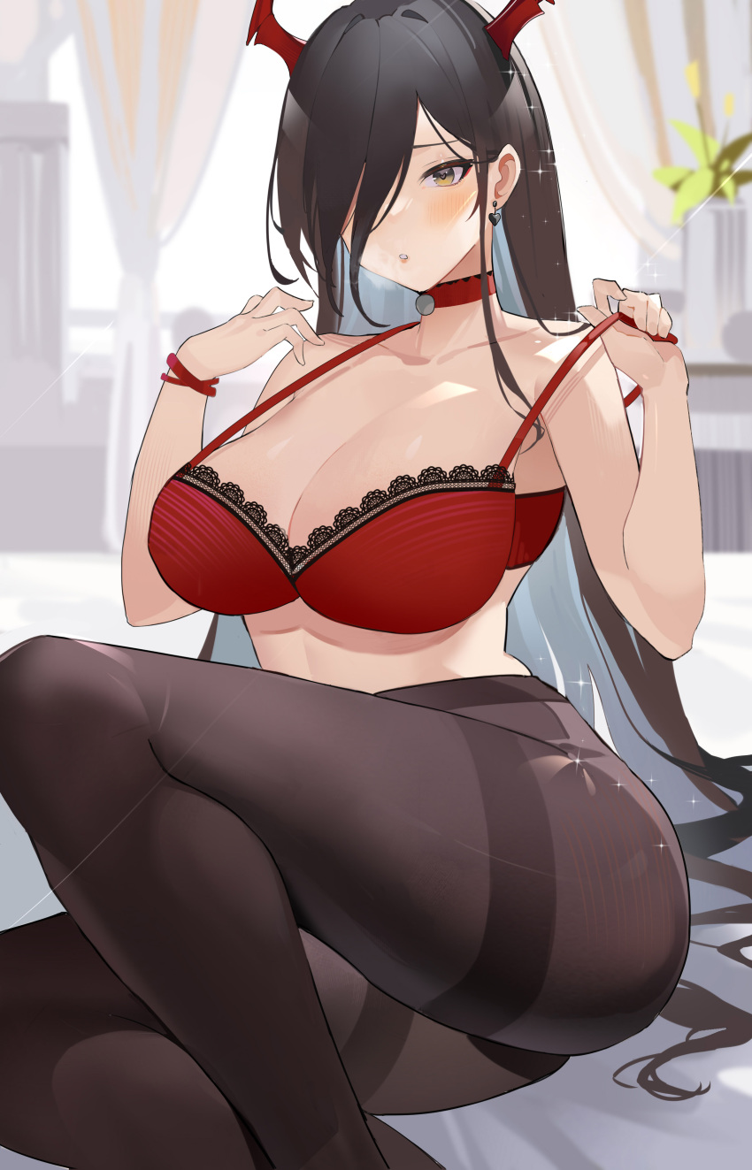 1girl, absurdres, azur_lane, black_eyes, black_hair, black_legwear, blush, bra