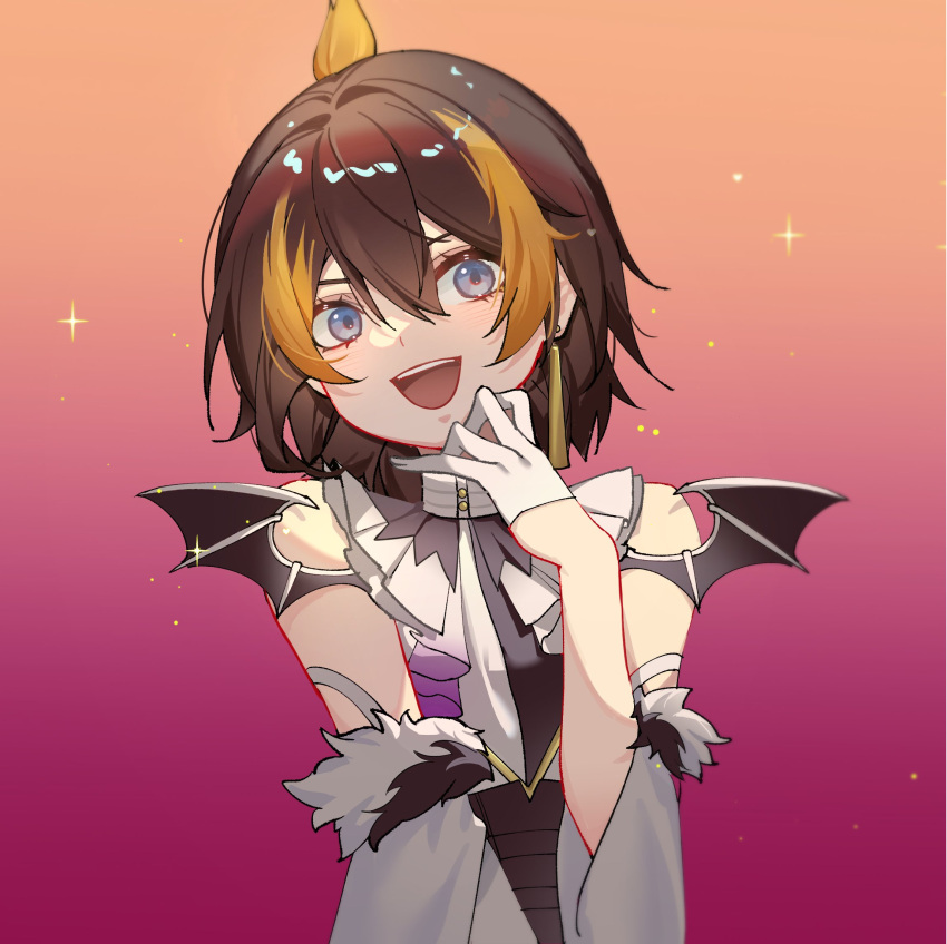 1girl, :d, blue_eyes, brown_hair, corset, cosplay, earrings, gradient