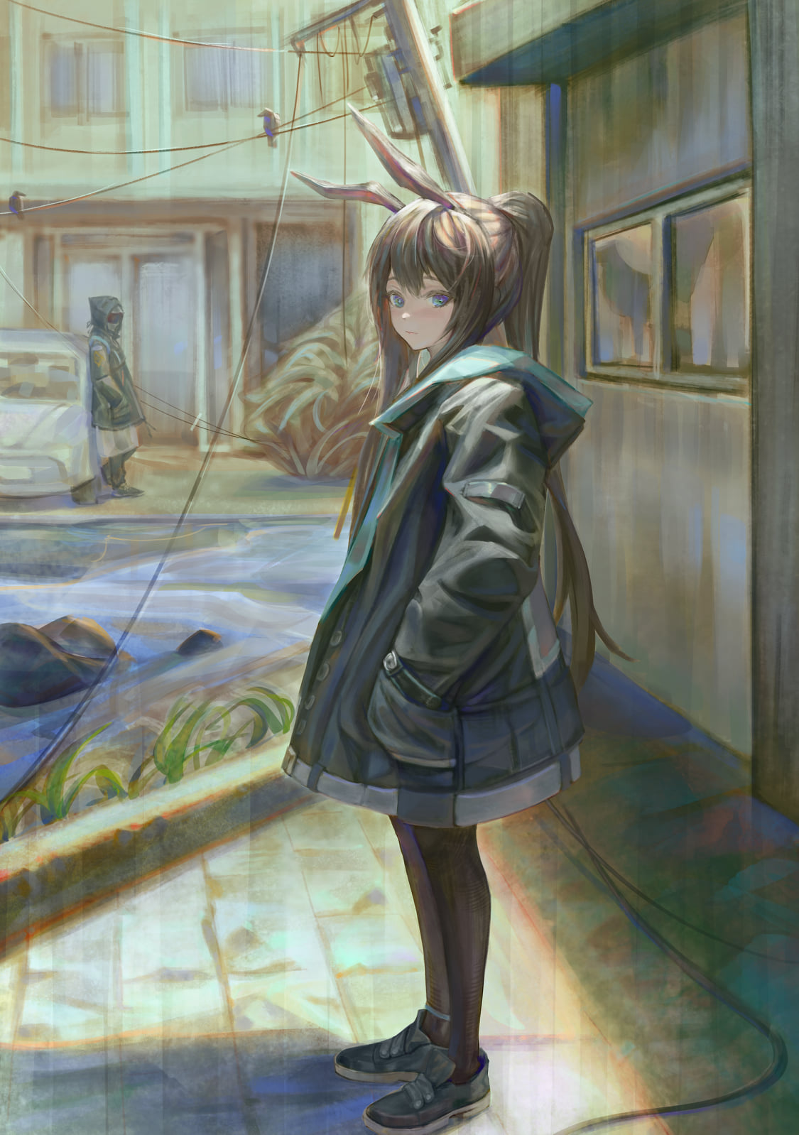 amiya_(arknights), arknights, bird, black_legwear, blue_eyes, brown_hair, building, cable