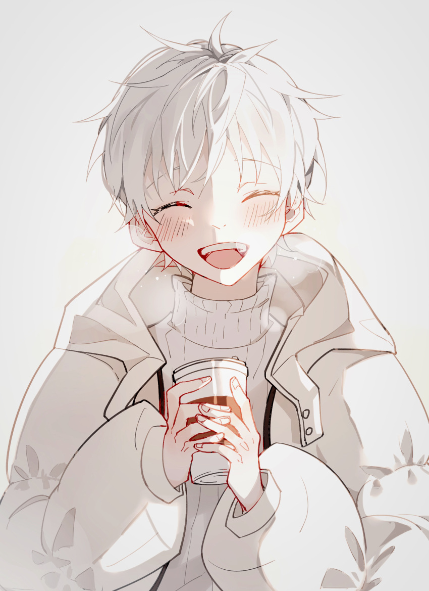 1boy, arknights, bishounen, blush, closed_eyes, coffee, coffee_cup, cup