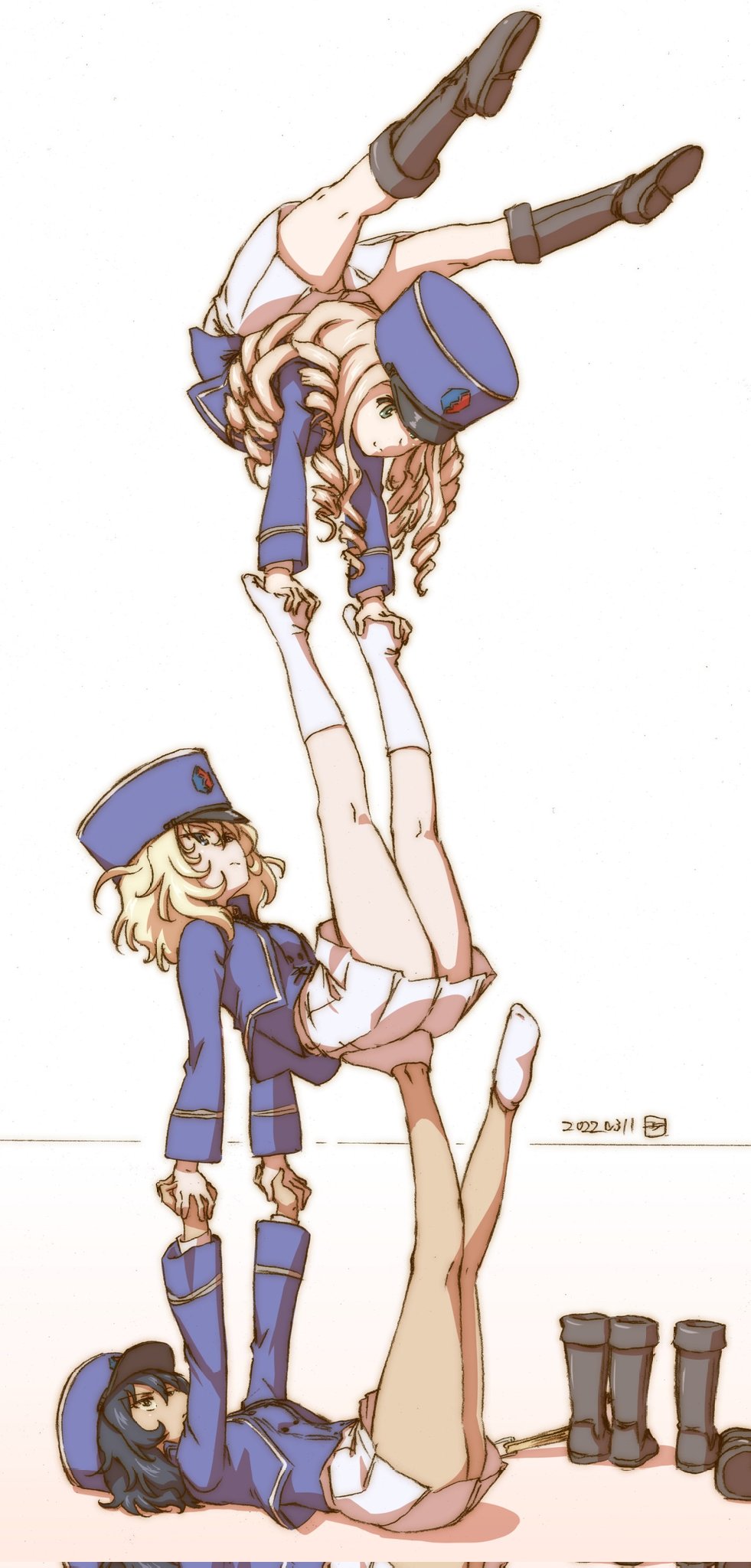 3girls, andou_(girls_und_panzer), bc_freedom_(emblem), bc_freedom_military_uniform, black_footwear, black_hair, blonde_hair, blue_eyes