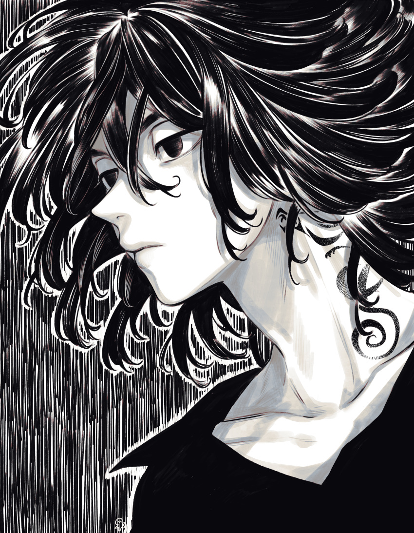 1boy, absurdres, bangs, closed_mouth, collarbone, floating_hair, greyscale, hair_between_eyes