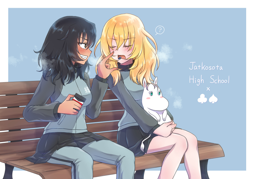 2girls, ?, alternate_costume, andou_(girls_und_panzer), bench, black_hair, black_pants, blonde_hair