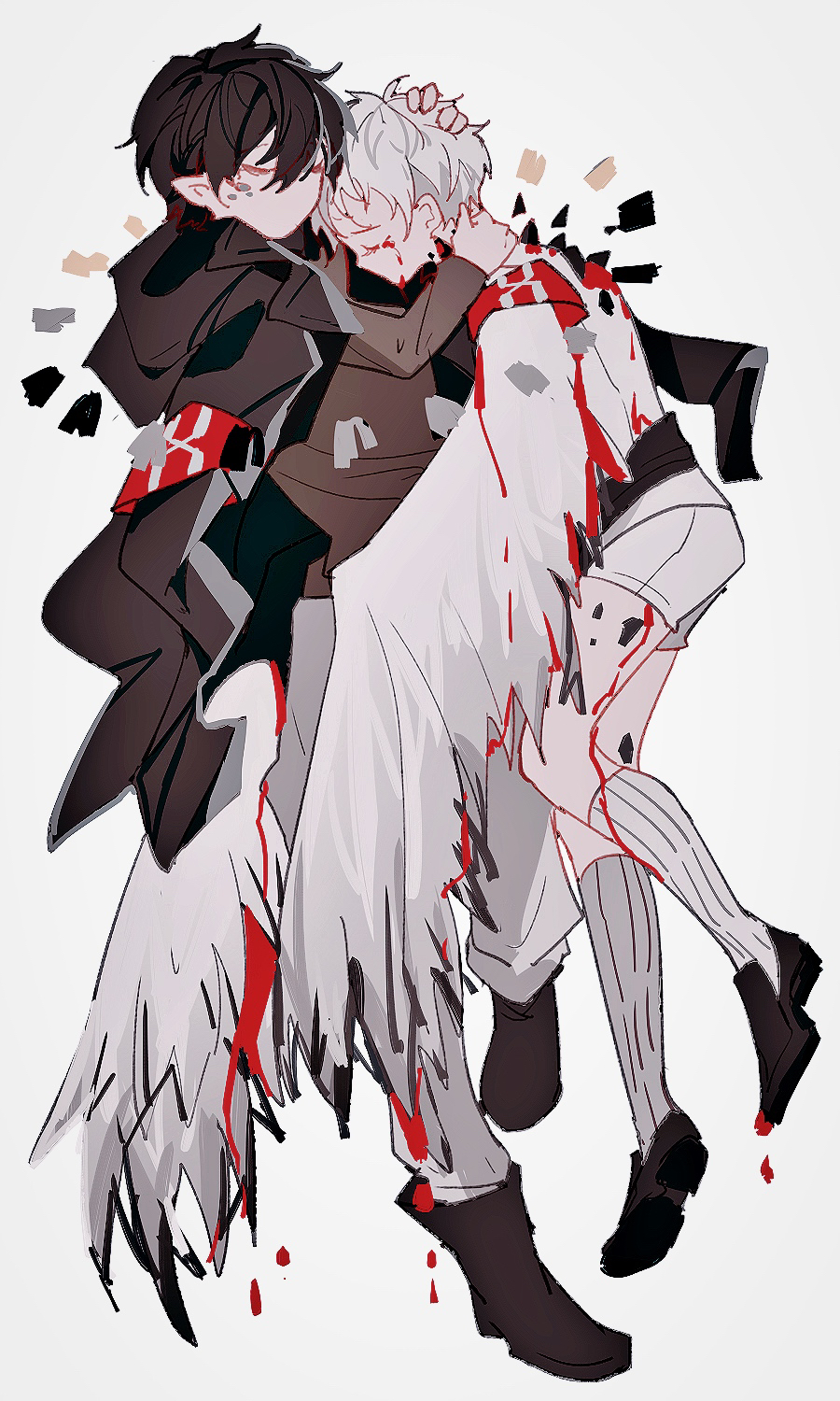 2boys, arknights, armband, bishounen, black_hair, blood, closed_eyes, closed_mouth