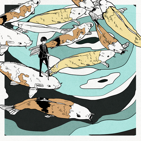 animal, border, formal, jacket, koi, legs_apart, long_sleeves, looking_away, male_focus, necktie, outside_border, oversized_animal, pants, riding, sasaka-ma, short_hair, solo, standing, suit, surreal, sword, tsuji_shinnosuke, water, weapon, world_trigger