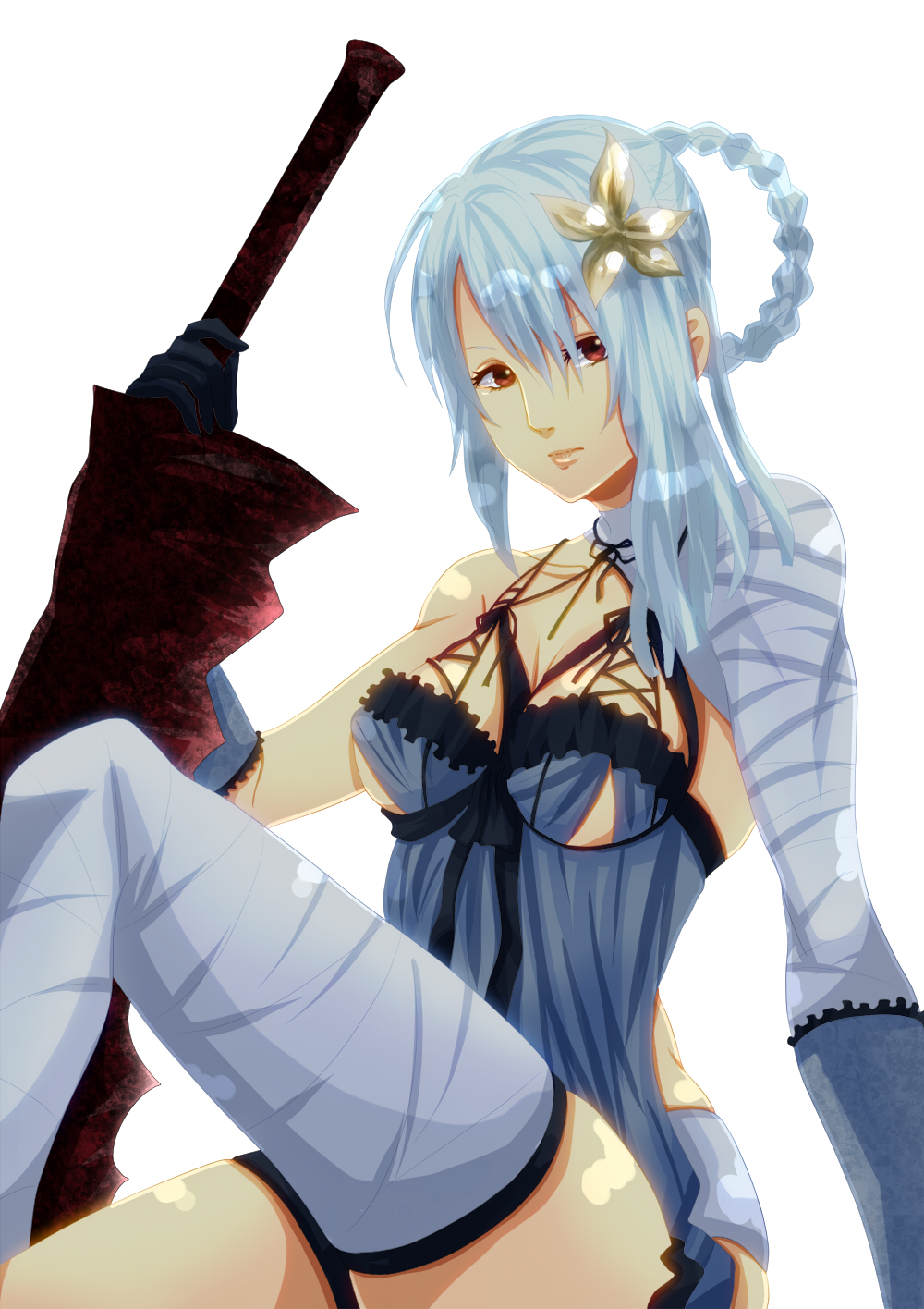 bad_id, bandages, blue_hair, braid, chemise, flower, garters, gloves