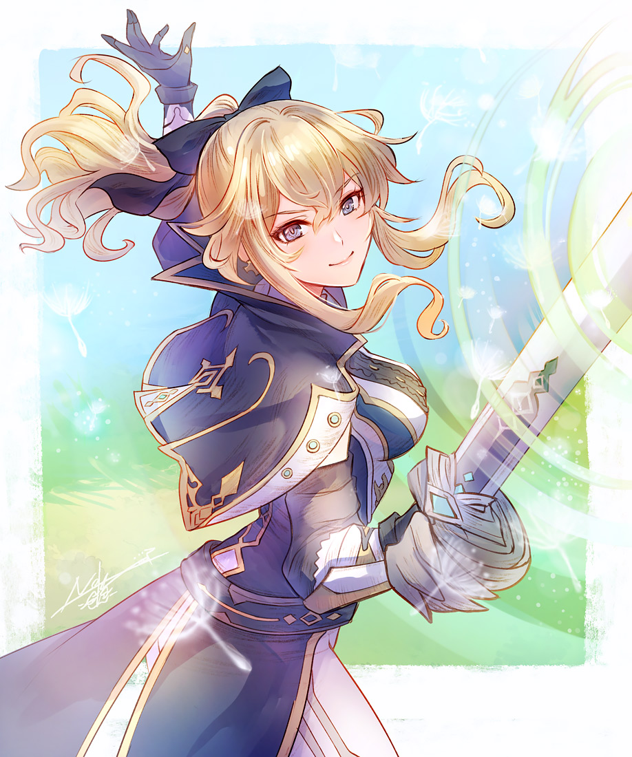 1girl, black_bow, blonde_hair, blue_eyes, bow, breasts, capelet, closed_mouth