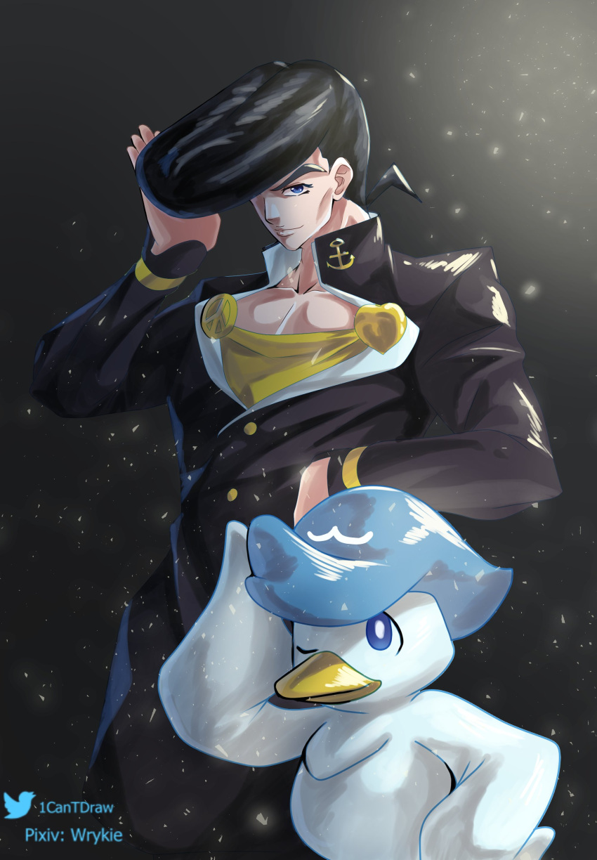 1boy, absurdres, anchor_symbol, artist_name, black_background, black_hair, blue_eyes, blue_hair, commentary, cowboy_shot, diamond_wa_kudakenai, english_commentary, gakuran, heart, higashikata_josuke, highres, jojo_no_kimyou_na_bouken, light_smile, looking_at_viewer, looking_up, male_focus, one_eye_closed, peace_symbol, pokemon, pokemon_(creature), quaxly, richard_park, school_uniform, standing, twitter_username