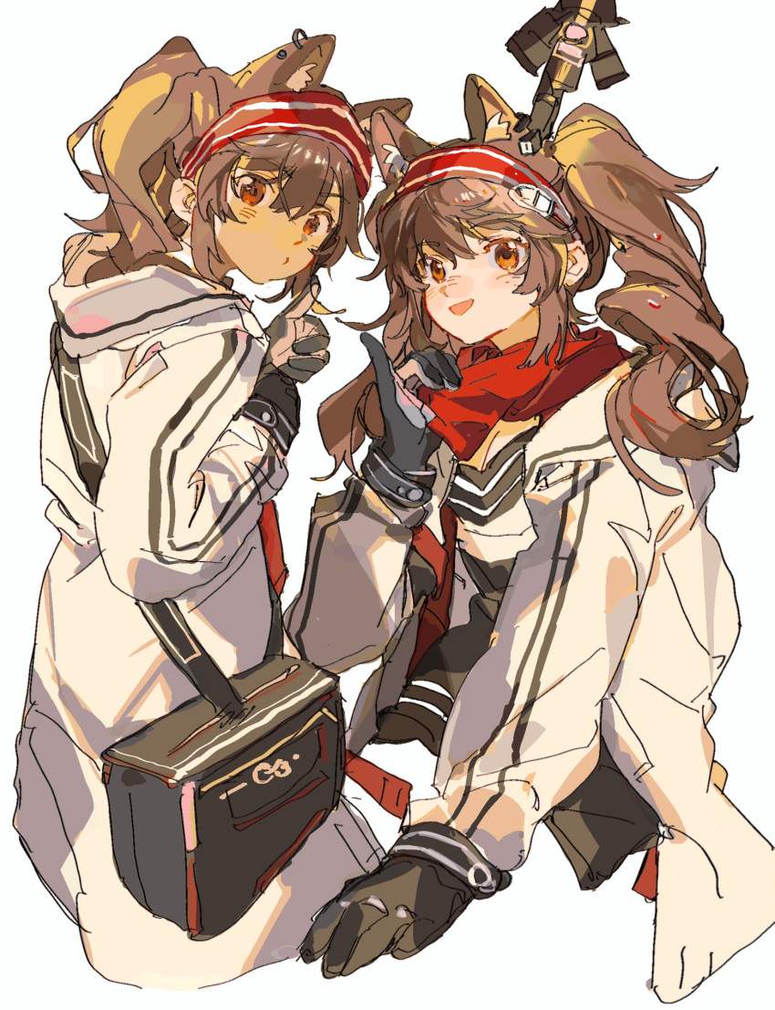 1girl, :d, angelina_(arknights), animal_ears, arknights, bag, bangs, black_gloves