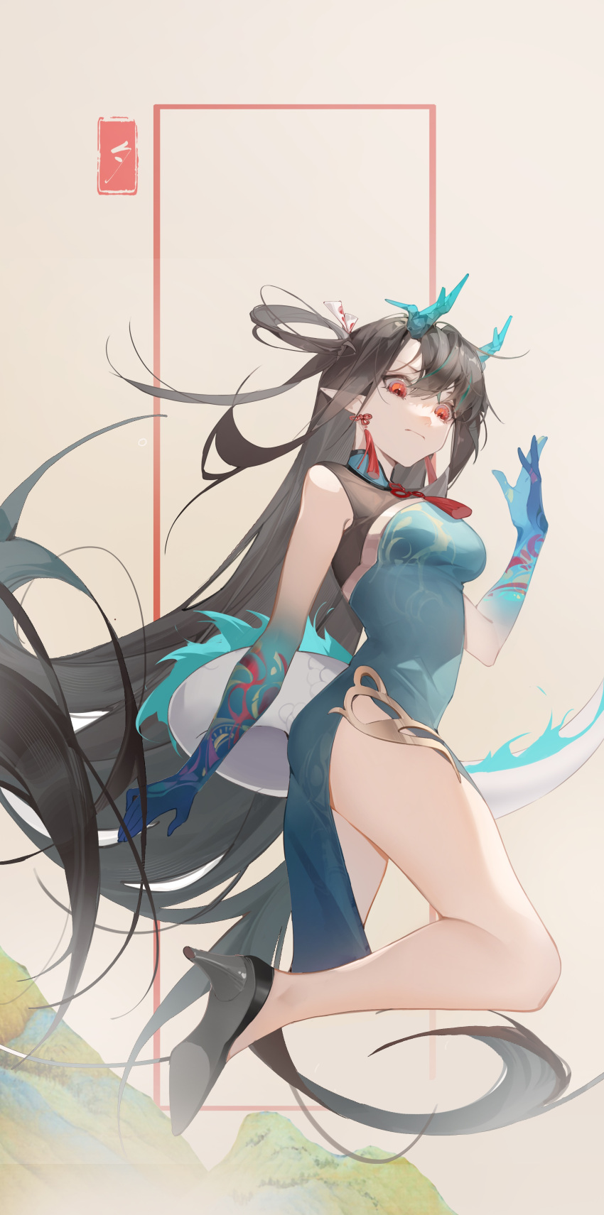 1girl, absurdres, arknights, bare_legs, black_footwear, black_hair, blue_dress, blue_skin