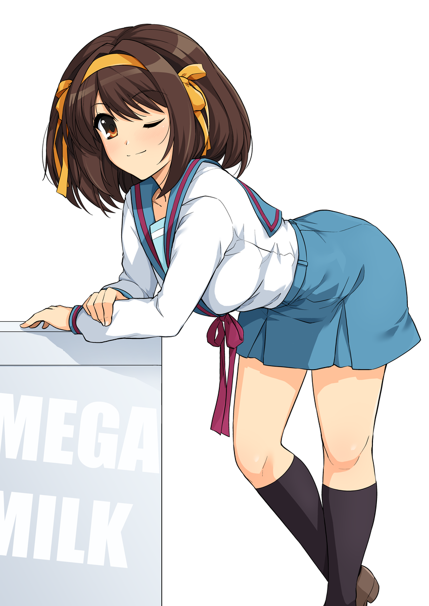 1girl, ;), bangs, bent_over, black_legwear, blue_sailor_collar, blue_skirt, bow
