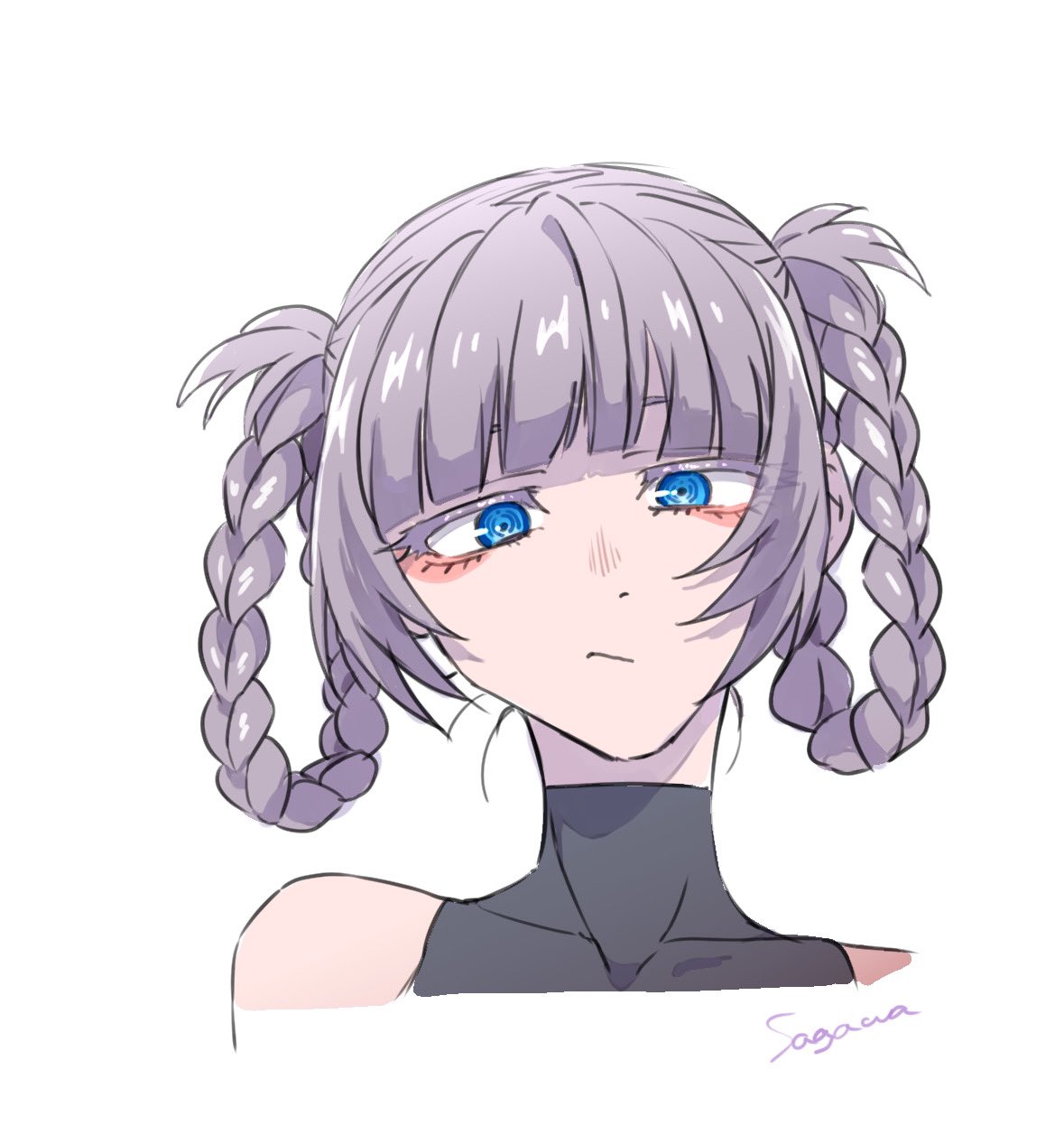 1girl, bangs, bare_shoulders, black_shirt, blue_eyes, eyelashes, hair_rings, highres