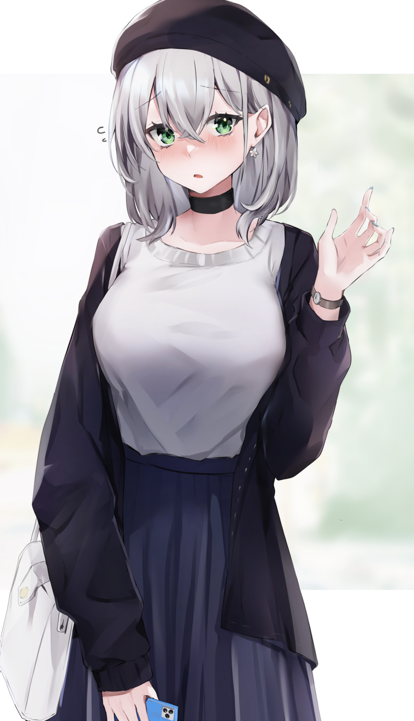 1girl, absurdres, bag, bangs, black_jacket, blue_skirt, blush, cellphone