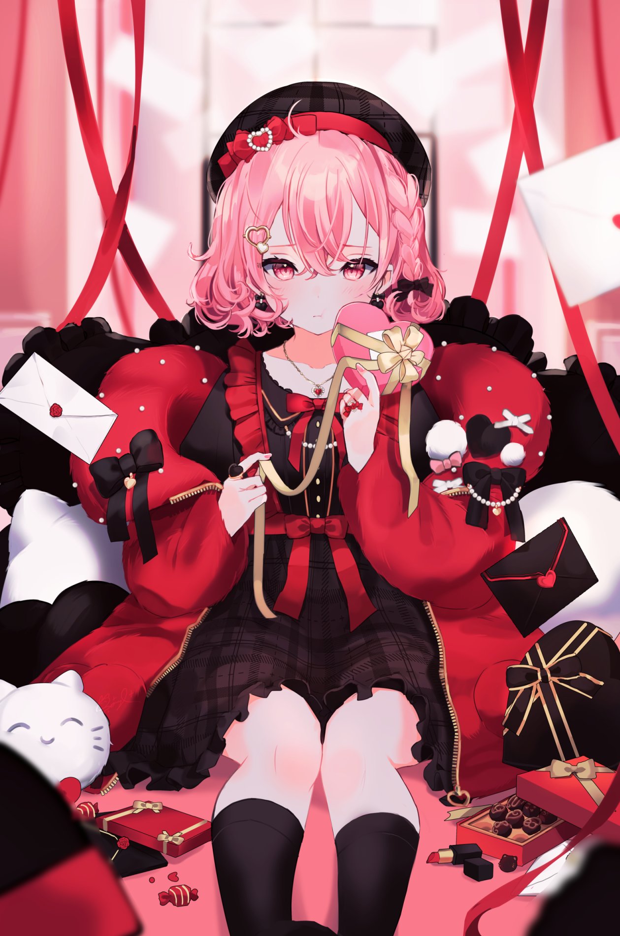 1girl, bangs, beret, beryl_(blueberylpie), black_legwear, braid, fingernails, frown