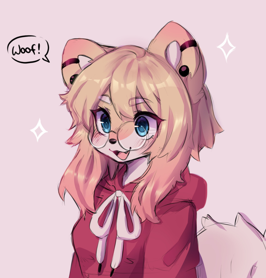 1girl, anakoluth, animal_ears, blush, dog_ears, dog_girl, dog_tail, english_text, eyebrows_visible_through_hair, fang, furry, furry_female, glasses, highres, hood, hoodie, looking_at_viewer, open_mouth, original, red_hoodie, round_eyewear, smile, solo, speech_bubble, tail, upper_body
