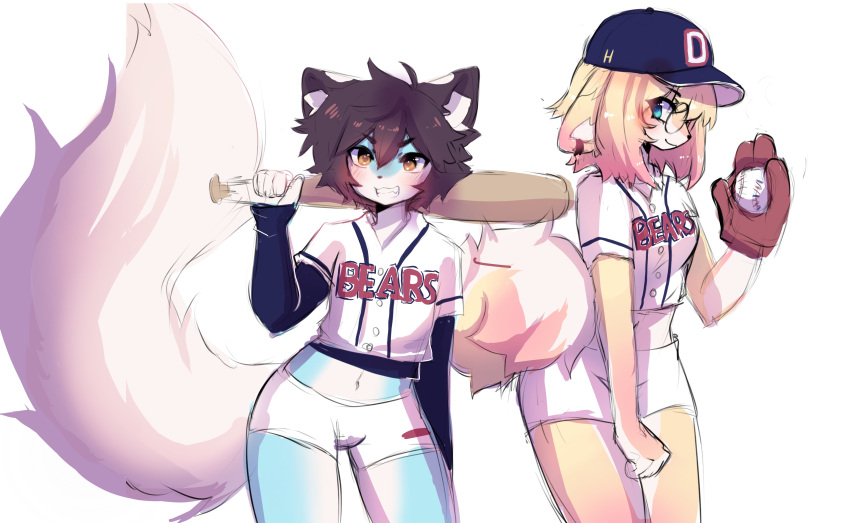 1boy, 1girl, absurdres, anakoluth, animal_ears, ball, baseball, baseball_cap