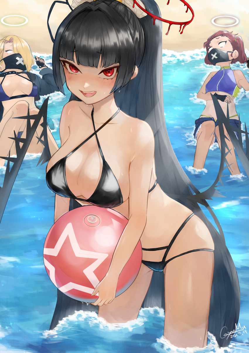 3girls, :d, absurdres, alternate_hairstyle, ball, bangs, beach, beachball