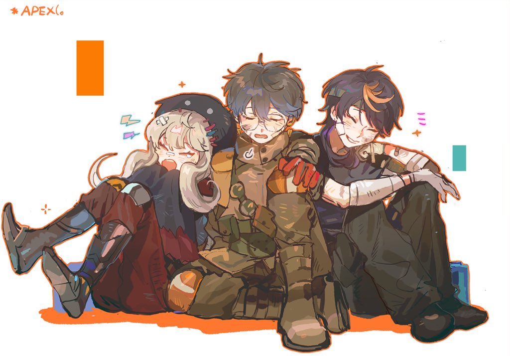 0021, 1girl, 2boys, ^_^, apex_legends, arm_warmers, black_footwear, black_pants