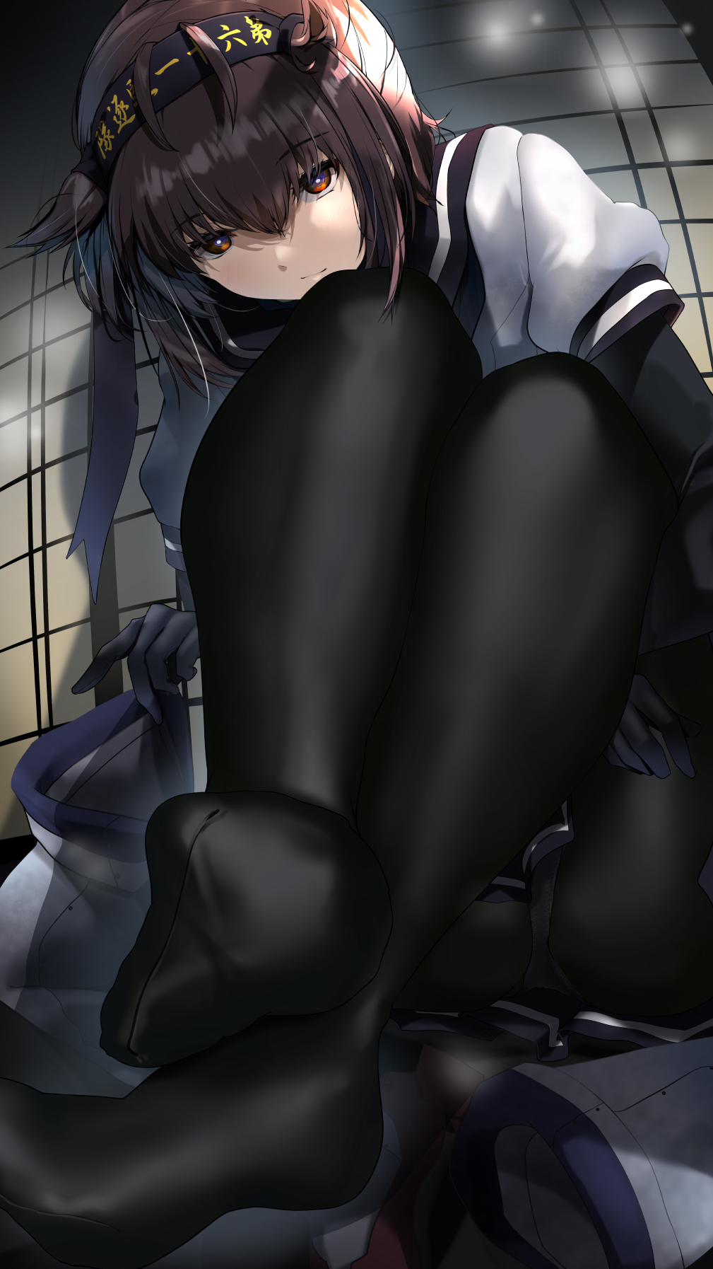 1girl, ass, bangs, black_bodysuit, black_hair, bodysuit, eyebrows_visible_through_hair, feet