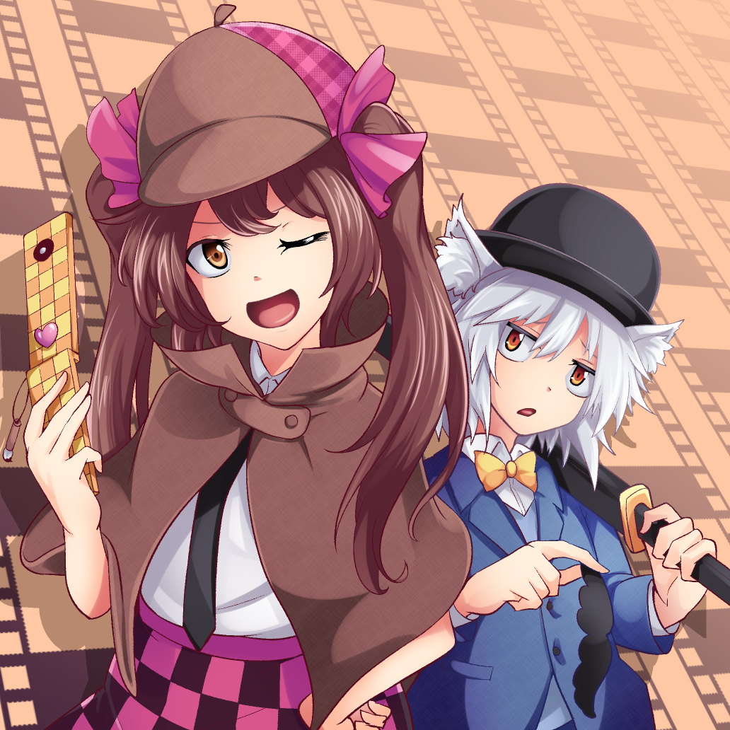 2girls, alternate_costume, animal_ears, ashiroku_(miracle_hinacle), black_bow, black_bowtie, black_skirt, blue_jacket