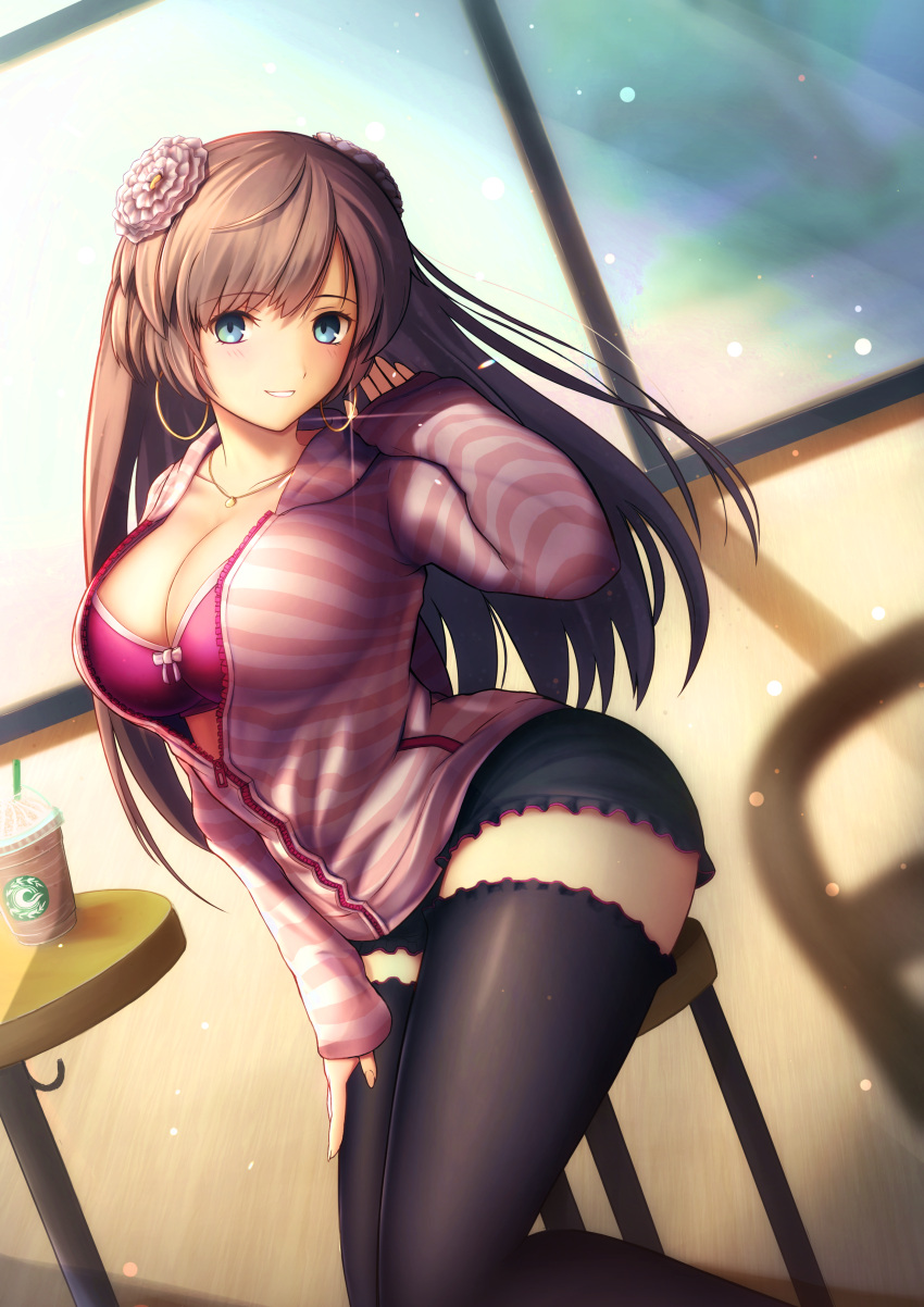 1girl, absurdres, bangs, blush, breasts, brown_hair, cosplay, earrings