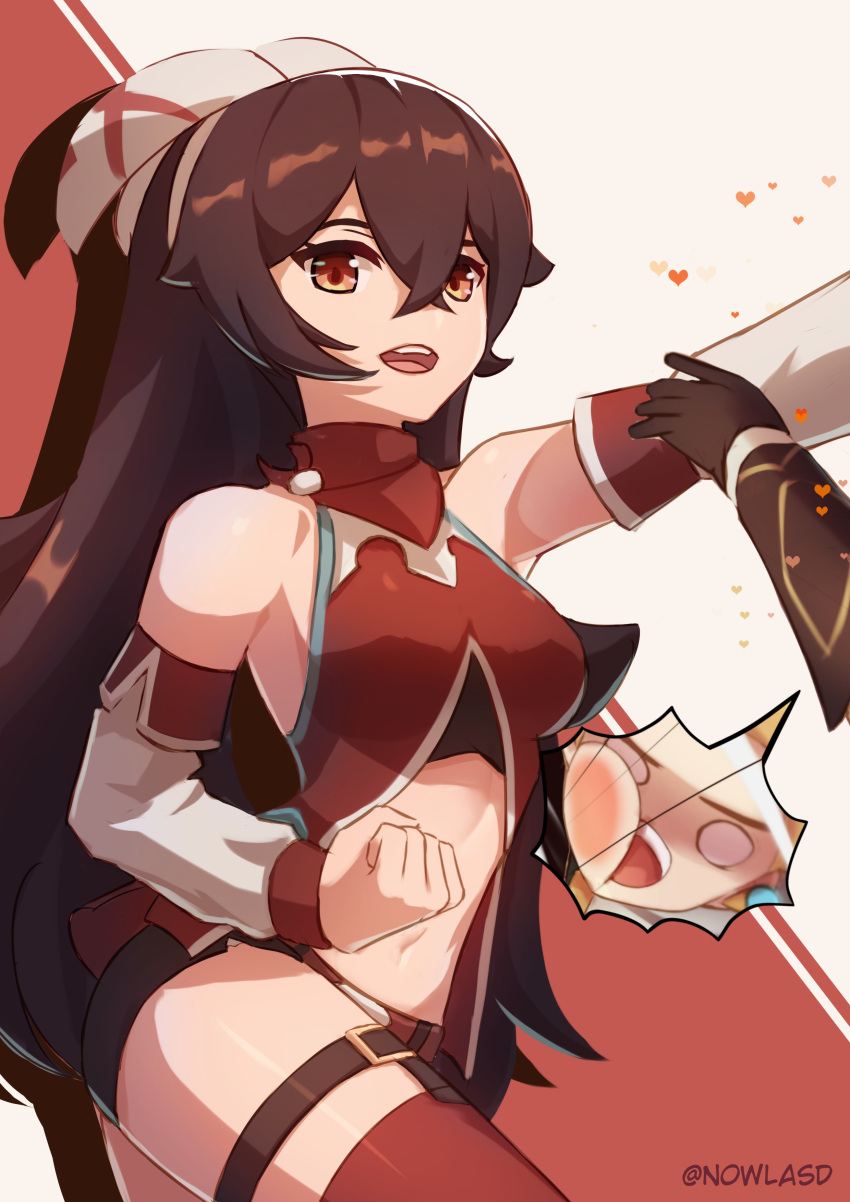 1boy, 1girl, :d, absurdres, aether_(genshin_impact), amber_(genshin_impact), arm_up, armpits