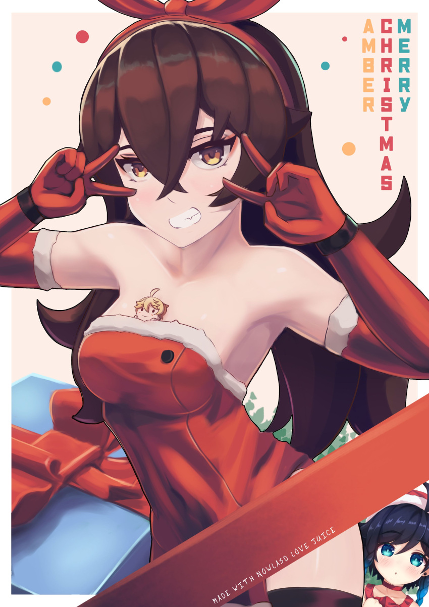 1boy, 1girl, absurdres, aether_(genshin_impact), amber_(genshin_impact), armpits, arms_up, bare_shoulders, black_legwear, box, breasts, brown_eyes, brown_hair, christmas, cowboy_shot, double_v, dress, elbow_gloves, fur_trim, genshin_impact, gift, gift_box, gloves, grin, highres, long_hair, looking_at_viewer, medium_breasts, merry_christmas, nowlasd, red_dress, red_gloves, red_ribbon, ribbon, smile, strapless, strapless_dress, thigh-highs, traveler_(genshin_impact), v, venti_(genshin_impact), wristband
