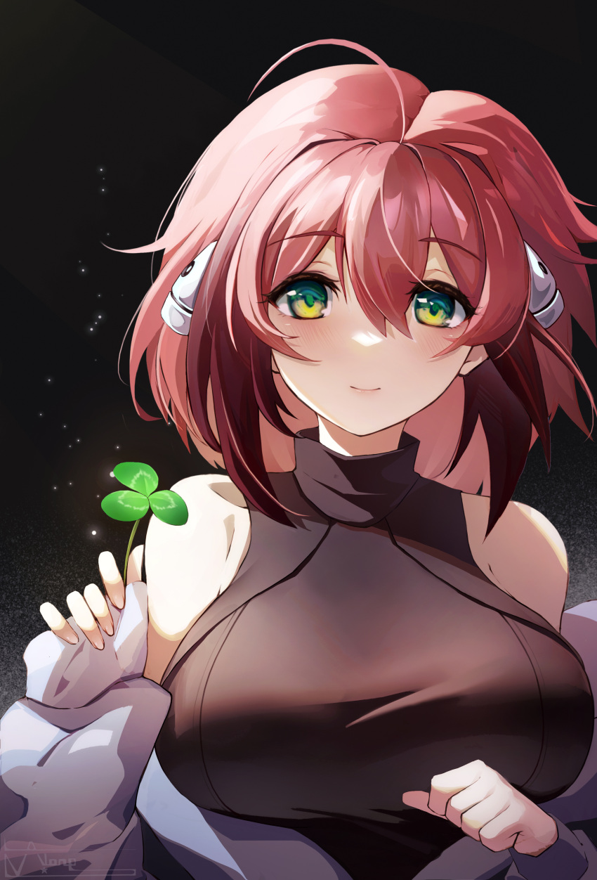 1girl, absurdres, ahoge, bangs, bare_shoulders, breasts, clover, eyebrows_behind_hair