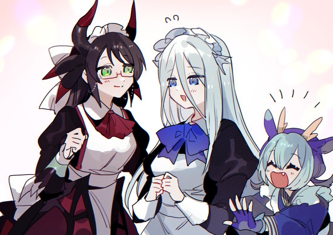 3girls, :d, ^_^, ascot, azaya_(kuroi_azaya), black_hair, blue_eyes, blue_hair