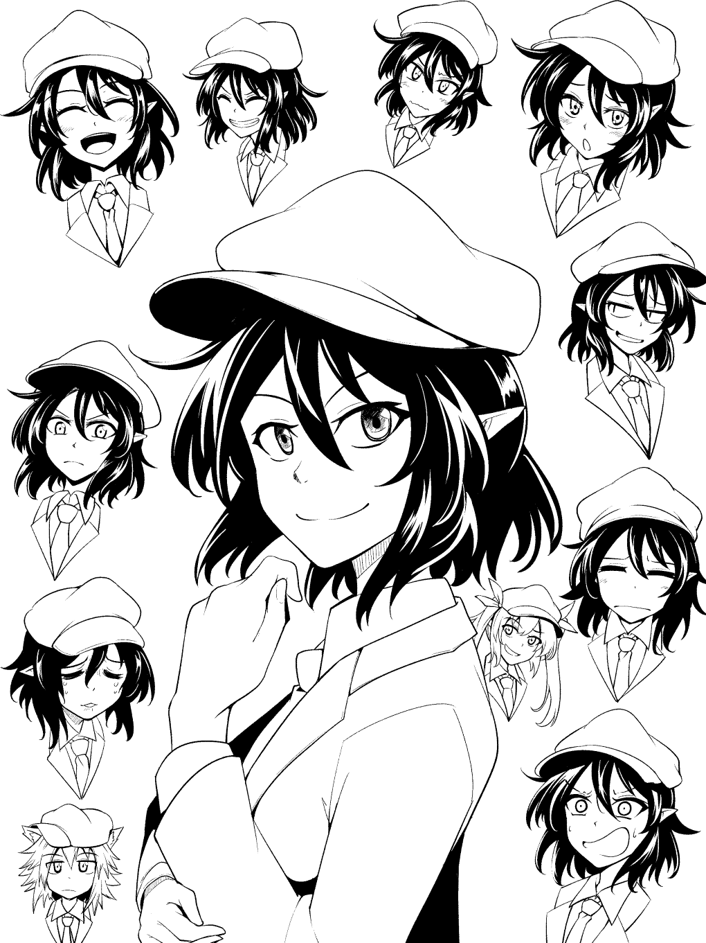3girls, :o, ^_^, angry, ashiroku_(miracle_hinacle), cabbie_hat, closed_eyes, closed_mouth