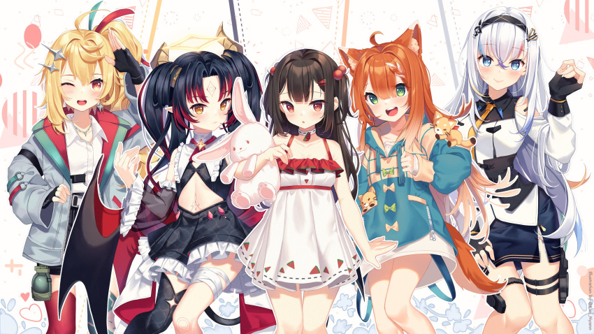 5girls, ;d, absurdres, ahoge, animal_ear_fluff, animal_ears, asymmetrical_legwear, bangs