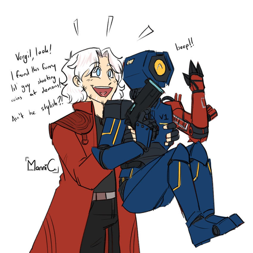 1boy, 1other, belt, black_pants, black_shirt, blue_eyes, carrying, coat