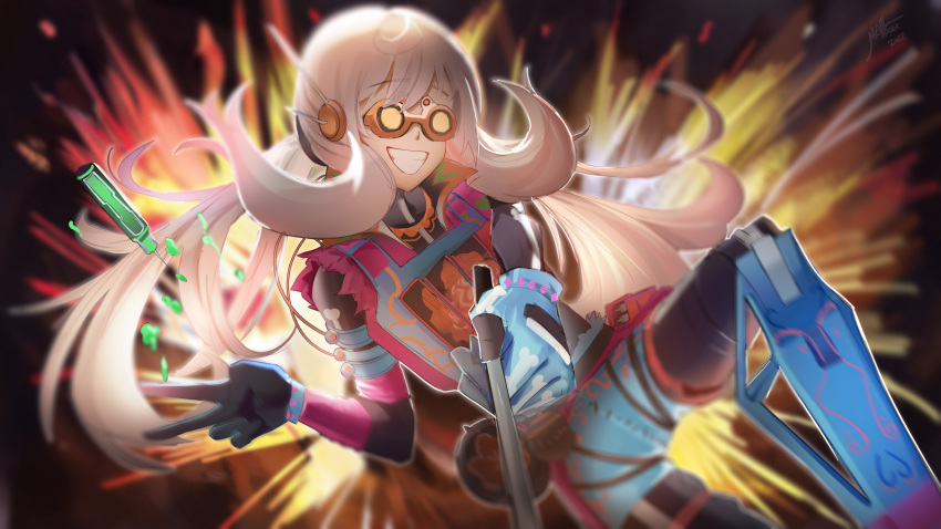 1girl, absurdres, apex_legends, bangs, black_legwear, blue_gloves, blue_shorts, blurry, blurry_background, cosplay, explosion, eyebrows_visible_through_hair, floating_hair, gloves, goggles, highres, looking_at_viewer, mechanical_legs, muerte_rapida_octane, nattsume_(pantsuhead), nijisanji, nijisanji_en, octane_(apex_legends), octane_(apex_legends)_(cosplay), pantyhose, reimu_endou, selfie, selfie_stick, shorts, smile, solo, syringe, v, virtual_youtuber