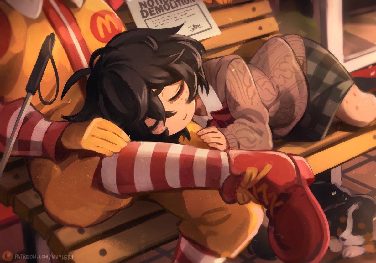1girl, antenna_hair, artist_name, bangs, bench, black_hair, blind_girl's_dog_(popopoka), blind_girl_(popopoka), boots, cane, english_commentary, english_text, freckles, hand_on_another's_thigh, khyle., letter, lying, mcdonald's, on_side, outdoors, patreon, patreon_username, plaid, plaid_skirt, red_footwear, red_legwear, ronald_mcdonald, short_hair, skirt, sleeping, sleeves_past_wrists, smile, solo, striped, striped_legwear, sweater, wing_collar, yellow_legwear