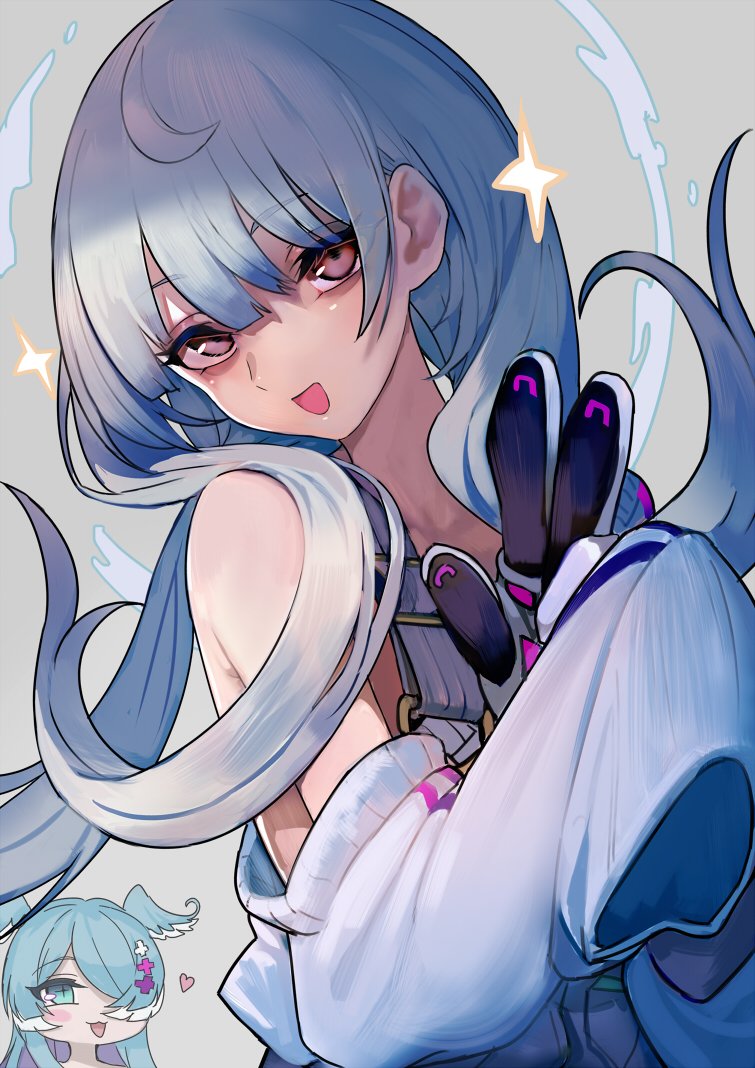 2girls, bangs, blue_eyes, blue_hair, blush, chibi, chibi_inset, collarbone