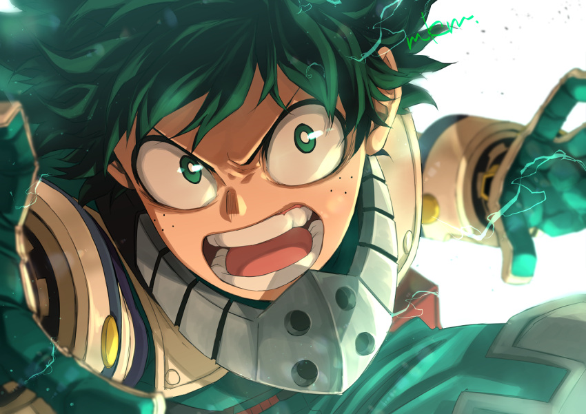 1boy, angry, bodysuit, boku_no_hero_academia, bright_pupils, electricity, freckles, glint