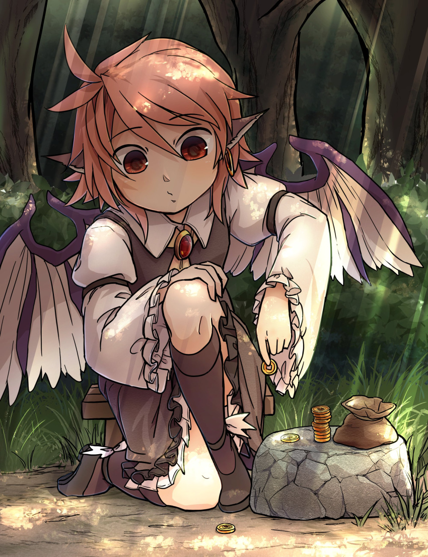 1girl, :/, absurdres, bird_wings, brown_legwear, coin, feathered_wings, forest