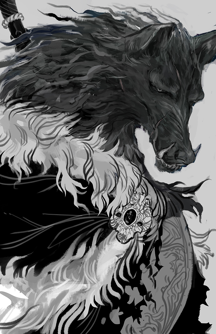 1boy, animal_head, blaidd_the_half-wolf, elden_ring, furry, furry_male, grey_background, greyscale, male_focus, monochrome, saprophilous, simple_background, sketch, solo, sword, tusks, upper_body, weapon, weapon_on_back