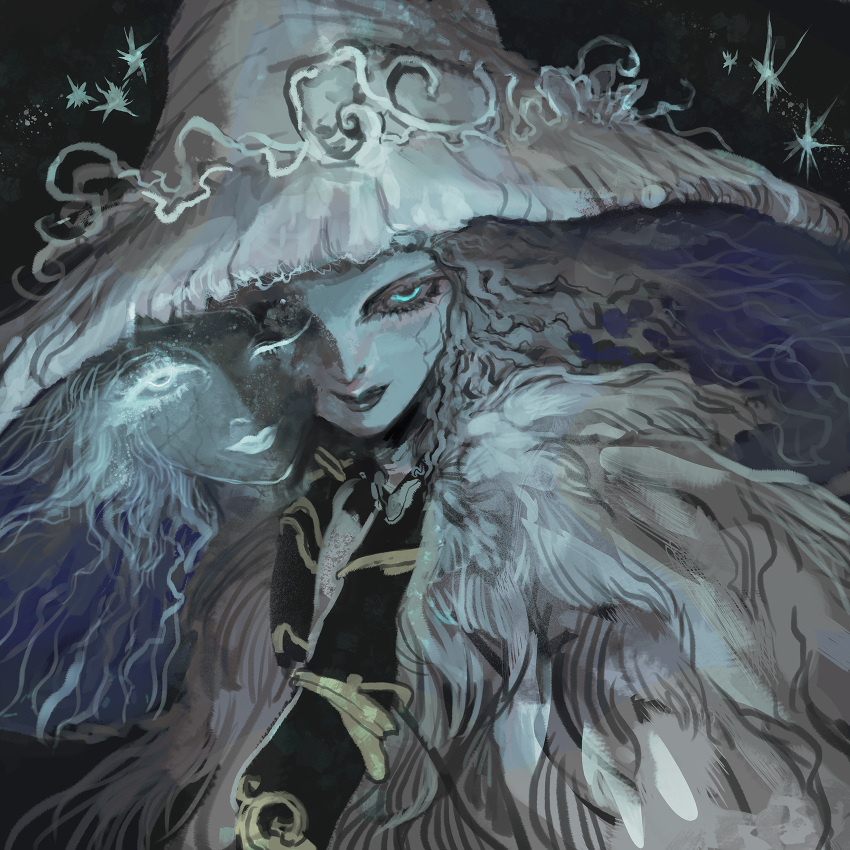 1girl, black_lips, blue_eyes, blue_skin, cape, closed_mouth, colored_skin, elden_ring, extra_faces, hat, highres, lipstick, looking_at_viewer, makeup, one_eye_closed, ranni_the_witch, saprophilous, smile, solo, white_headwear, witch_hat